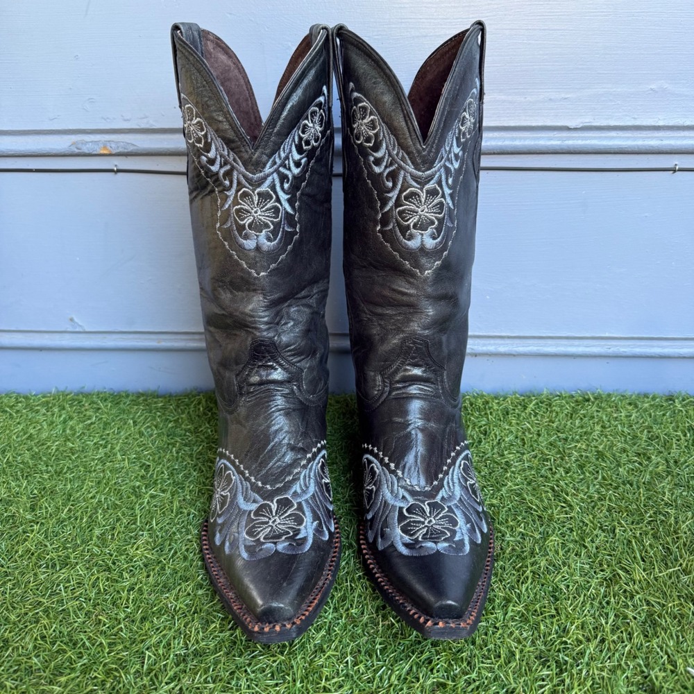 Pecos Bill Floral Embroidered Cowboy Boots Womens Size 7.5 Black Leather Western
